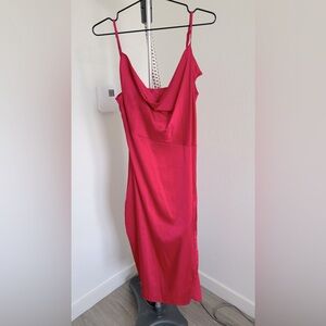 Hot Pink Spaghetti Strap Sleeveless Drape Cowl Neck Zip-Up Satin Slit Dress